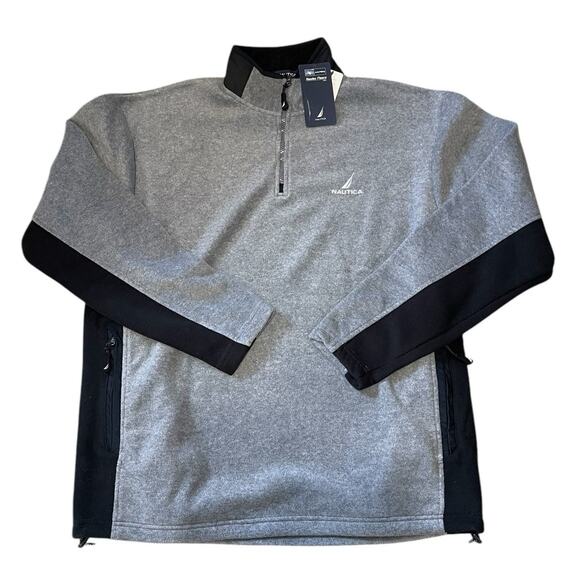 Nautica Mens NWT XL Quarter Zip Classic Fit Fleece Pullover Pockets Gray Black - Picture 1 of 10